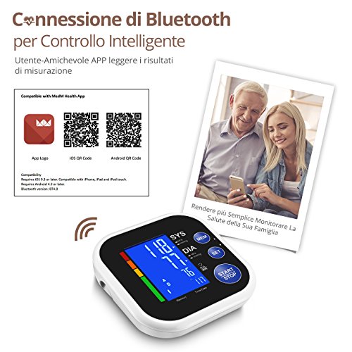 Mpow Bluetooth Automatico Misuratore Pressione, App Gratuita per Smartphone, Ampio Display LCD Retroilluminato, Operazione a Un Tasto, 60 Memoria, Confortevole Fascia da Braccio Superiore (22cm-32cm) - 2