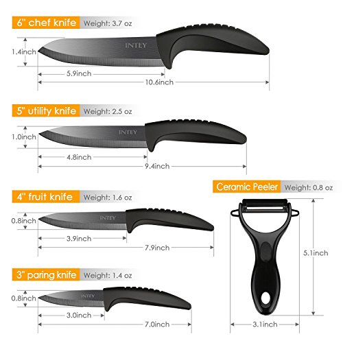 INTEY Coltelli in Ceramica Set di 5, Coltelli Professionale da Cucina con Lama in Ceramica(4 Pezzi),1 Pelapatate Ceramica Tagliente Sicura Anticorrosione(Nero) - 2