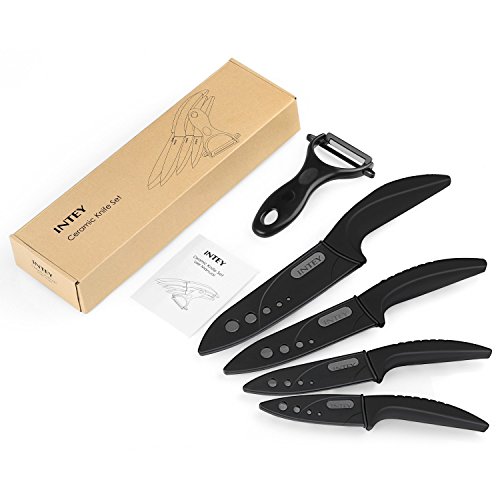 INTEY Coltelli in Ceramica Set di 5, Coltelli Professionale da Cucina con Lama in Ceramica(4 Pezzi),1 Pelapatate Ceramica Tagliente Sicura Anticorrosione(Nero) - 7