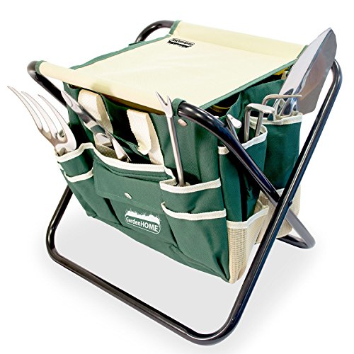 GardenHome Set di attrezzi da giardino, 10 pezzi: sgabello pieghevole, custodia, 5 resistenti attrezzi da giardino in acciaio inox, 2 cesoie e 1 rotolo di 30 metri di filo per legare le piante - 2