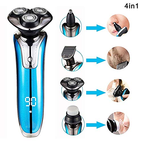 Rasoio Barba Elettrico Wet & Dry con lame Uomo Ricaricabile Tutto-in-1 4-In-1 4D Bagnato e Asciutto Rasoio Elettrico con Trimmer Rasoi Naso Trimmer, Impermeabile, Blu - 3