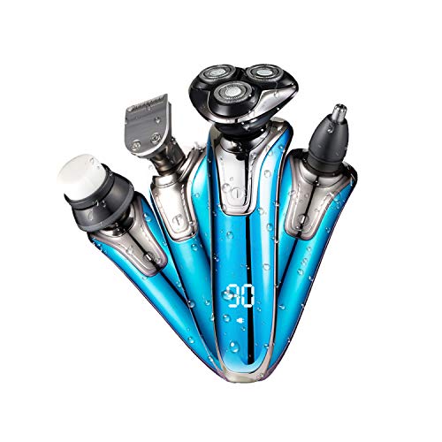 Rasoio Barba Elettrico Wet & Dry con lame Uomo Ricaricabile Tutto-in-1 4-In-1 4D Bagnato e Asciutto Rasoio Elettrico con Trimmer Rasoi Naso Trimmer, Impermeabile, Blu - 4