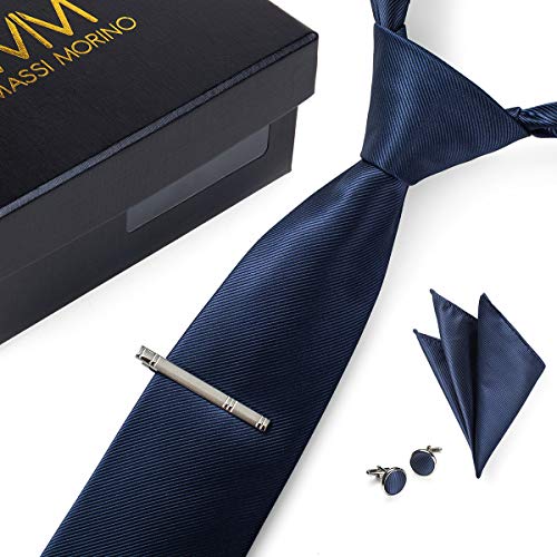 MASSI MORINO Uomo Designer Cravatta – Box Set con fazzoletto, Gemelli e Fermacravatta X cucita a mano in microfibra in colori assortiti – confezione regalo (blu scuro) - 3