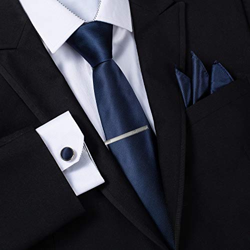 MASSI MORINO Uomo Designer Cravatta – Box Set con fazzoletto, Gemelli e Fermacravatta X cucita a mano in microfibra in colori assortiti – confezione regalo (blu scuro) - 4