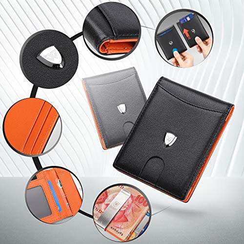 Portafoglio Uomo Vera Pelle Blocco RFID con fermasoldi, Piccolo Portafogli con tessere tascabile documenti, porta carte di credito, finestra di ID. Portafoglio con confezione regalo -Nero e arancione - 6