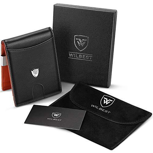Portafoglio Uomo Vera Pelle Blocco RFID con fermasoldi, Piccolo Portafogli con tessere tascabile documenti, porta carte di credito, finestra di ID. Portafoglio con confezione regalo -Nero e arancione - 7