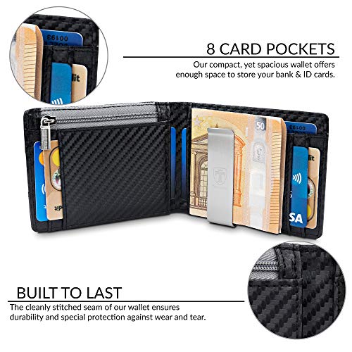 TRAVANDO Portafoglio uomo piccolo con protezione RFID „LONDON“ Porta carte di credito con clip per contanti, Portafogli Porta tessere slim tascabile, Portatessere Raccoglitore banconote (Carbon) - 4