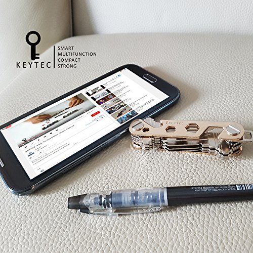 KEYTEC Compact Key Organizer (12-16 Keys) – Holder With Built-In Tools – Bottle Opener/Phone Stand – Frame Plus Anti Loosening Washer – Great Gift (Gold) - 3