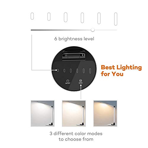 Lampada da Scrivania TaoTronics, Lampada da Tavolo Ufficio LED 12W con 6 Luminosità + 3 Temperature di Colore, Porta di Ricarica USB per Smartphone, LED Occhi-Cura, Funzione Memoria – Grigio Argento - 4