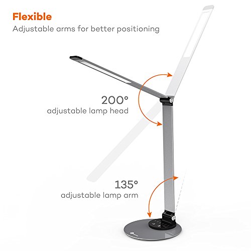 Lampada da Scrivania TaoTronics, Lampada da Tavolo Ufficio LED 12W con 6 Luminosità + 3 Temperature di Colore, Porta di Ricarica USB per Smartphone, LED Occhi-Cura, Funzione Memoria – Grigio Argento - 6
