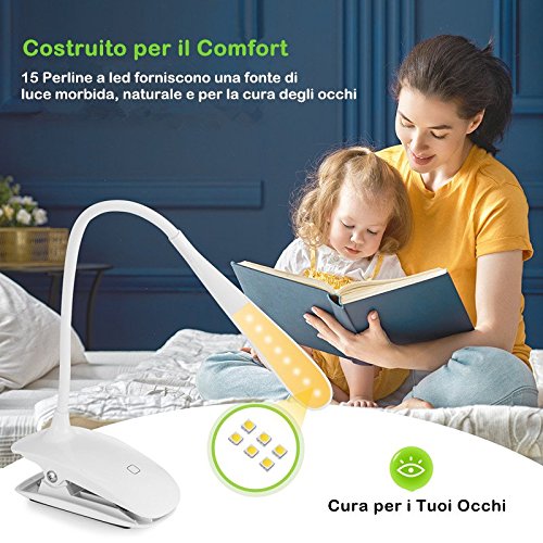 Lampada Libro 15 LED con Clip, Luce Libro con 3 Tipi Temperatura di Colore e Luminosità Dimmerabile, Lampada Libro USB Ricaricabile, Lampada da Lettura Portatile per Libro/Lavoro/Letto【OCCHI-CURA】 - 6