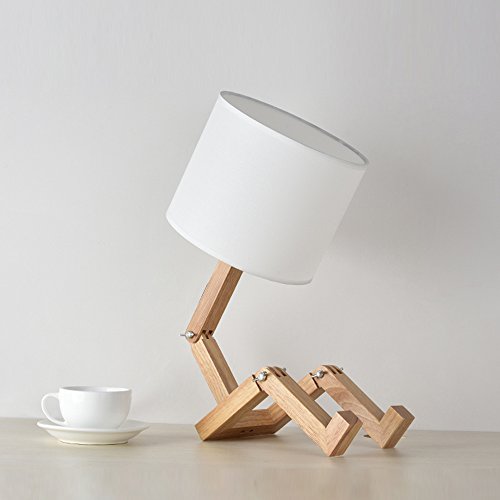 ELINKUME® Creativa lampada da scrivania robot, mensola regolabile lampada da comodino in legno con paralumi in tessuto E27 vite per bambini camera da letto ufficio soggiorno illuminazione decorativa - 6