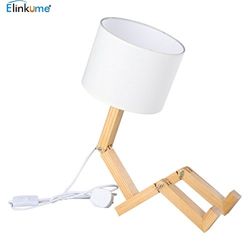 ELINKUME® Creativa lampada da scrivania robot, mensola regolabile lampada da comodino in legno con paralumi in tessuto E27 vite per bambini camera da letto ufficio soggiorno illuminazione decorativa - 7