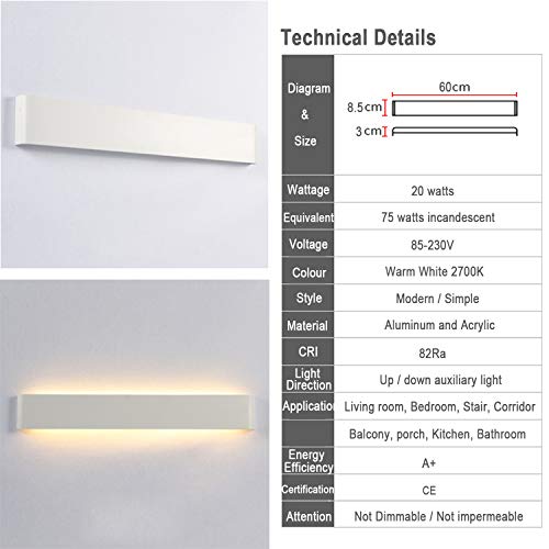 Yafido Applique da Parete Interno Moderno 20W LED Lampada Bianco Caldo 2700K AC 220V Acrilico per Camera da Letto Soggiorno Corridoio Bagno Scale 60cm - 7