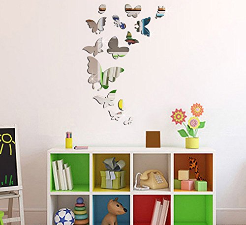 Extsud® Adesivo Murales Carta da Parete Farfalle, Wall Stickers a Specchio, Decorazione da Muro per Casa Hotel Salotto Camera da Letto Camerette da Bambini (Argento) - 2