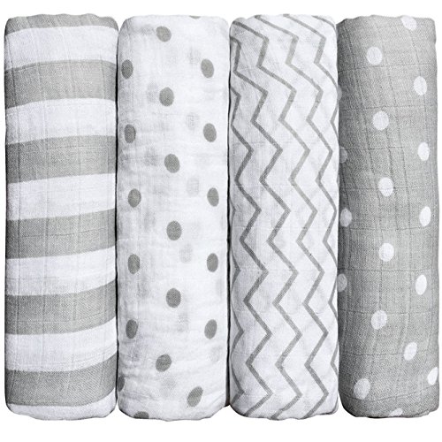 ❤️ Mussola baby swaddle coperta “4 Pack” di Cuddlebug ❤️ | Disponibile in 5 varianti di colore | 4 Adorabili Design | Formato Grande 120 x 120 cm | Morbide Copertine in Mussola | Regalo Bebè – Ideale per Set Biancheria Bebè | Unisex | Copertina Neonato Cotone | Mussola Neonato | Set Regalo Neonato | Mussola Di Cotone … (Macchie n’strisce) - 2