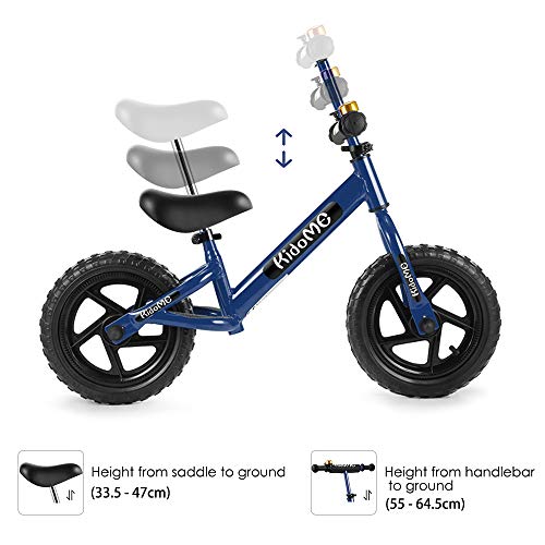 KidoMe 12” Bicicletta da Equilibrio Blu Prima Bici Senza Pedale Regalo per Bambini Acciaio al Carbonio Pneumatici Senza necessità di gonfiarsi Sella e Manubrio Regolabile 2, 3, 4 ,5 e 6 Anni - 2