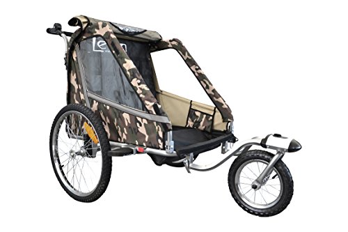 PAPILIOSHOP LEON Rimorchio passeggino carrellino per il trasporto di 1 o 2 uno due bambino bambini con la bici ruota anteriore piroettante bicicletta portabimbo bimbo bimbi portabimbi carrello pieghevole carrozzina da con x porta (New Mimetico) - 2