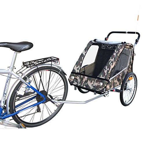 PAPILIOSHOP LEON Rimorchio passeggino carrellino per il trasporto di 1 o 2 uno due bambino bambini con la bici ruota anteriore piroettante bicicletta portabimbo bimbo bimbi portabimbi carrello pieghevole carrozzina da con x porta (New Mimetico) - 3