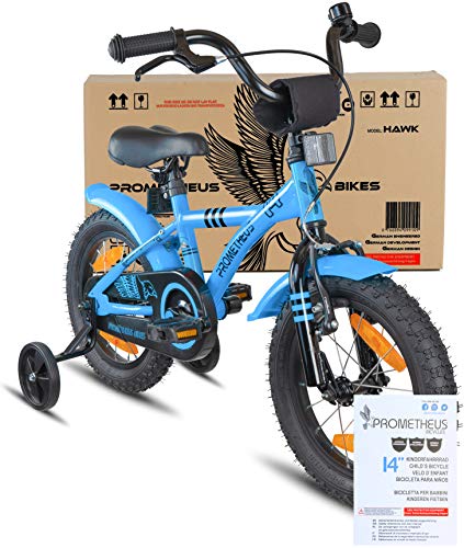 Prometheus Bicicletta per Bambini e Bambine da 4 Anni nei Colori Blu e Nero da 14 Pollici con rotelle e contropedale – BMX da 14″ Modello 2019 - 2