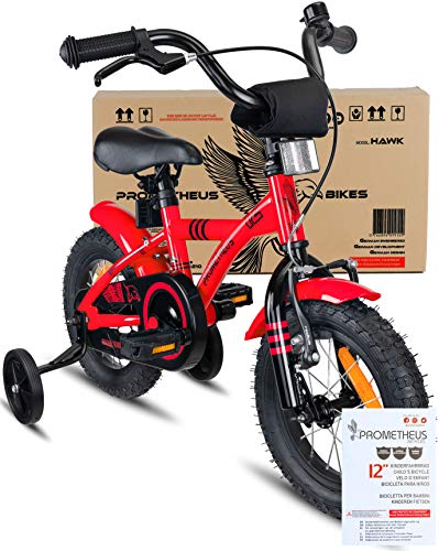 Prometheus Bicicletta per Bambini e Bambine da 3 Anni nei Colori Rosso e Nero da 12 Pollici con rotelle e contropedale – BMX da 12″ Modello 2019 - 2