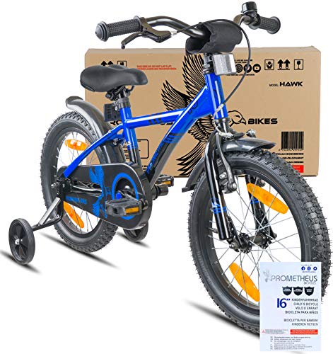 Prometheus Bicicletta per Bambini e Bambine da 5 Anni nei Colori Blu e Nero da 16 Pollici con rotelle e contropedale – BMX da 16″ Modello 2019 - 2
