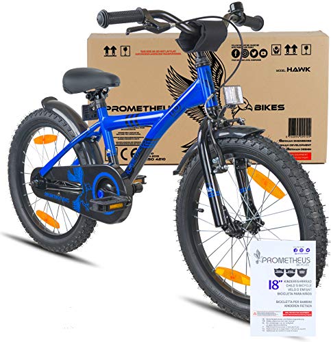 Prometheus Bicicletta per bambini e bambine dai 6 anni nei colori blu e nero da 18 pollici con freno a V in alluminio e contropedale – BMX da 18″ modello 2019 - 2