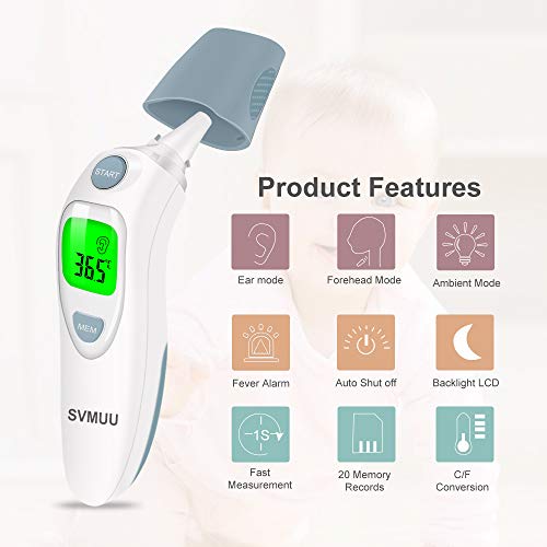 Termometro Digitale Fronte e Orecchio, Termometro a Infrarossi SVMUU, Allarme Temperatura Elevata, Multifunzione 4 in 1 per Bambini, Adulti e Oggetti, Approvato CE/ROHS/FDA - 2