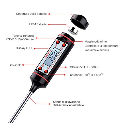 TOPELEK-Termometro Cucina, 5S Lettura Istantanea, 5.9 inch Sonda Lunga, Schermo LCD, Anti-Corrosione,Meglio per Carne, Griglia, Barbecue, Latte e Acqua del Bagno[Garanzia a Vita] - 4