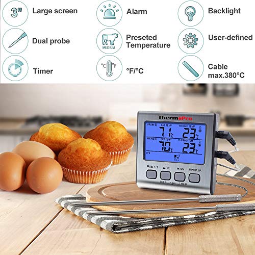 ThermoPro Termometro da cucina a cottura digitale con doppia sonda a carne Forno con timer per cucina, ampio display LCD, retroilluminazione blu - 2
