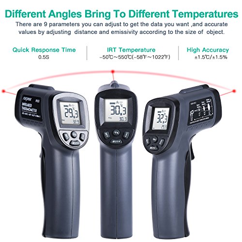 Termometro a Infrarossi,SURPEER Termometro Pistola Laser Temperatura -50 ℃ ~ 550 ℃ (-58 ℉ ~ 1022 ℉) Emissività Regolabile(0.1-1.0)-LCD Retroilluminato, Batteria Inclusa,2 anni di Garanzia - 7