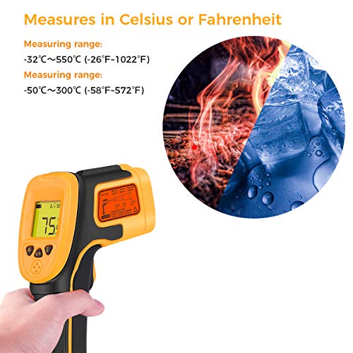 Termometro a infrarossi, termometro digitale a infrarossi laser Temperatura pistola -26 ° F ~ 1022 ° F (-32 ° C ~ 550 ° C) Sonda di temperatura per cottura/aria/frigorifero – Termometro Carne Incluso - 5