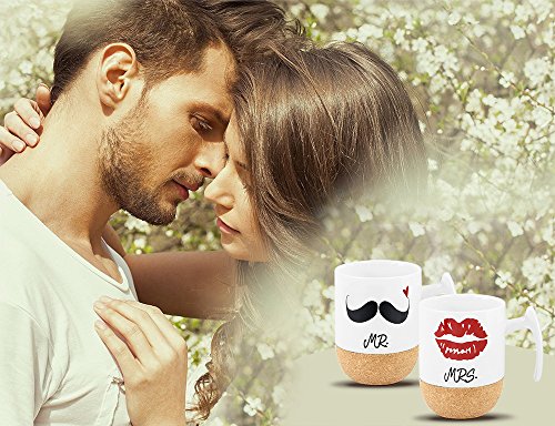 Love-KANKEI Mr and Mrs Tazze di ceramica con base in sughero – Regali di nozze/Regalo di san Valentino uomo – Set di 2/10.5 oz - 2