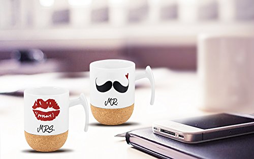 Love-KANKEI Mr and Mrs Tazze di ceramica con base in sughero – Regali di nozze/Regalo di san Valentino uomo – Set di 2/10.5 oz - 3