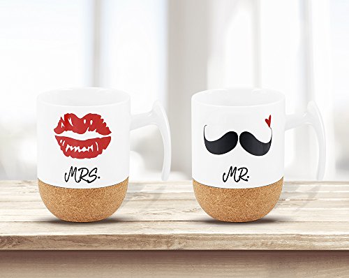 Love-KANKEI Mr and Mrs Tazze di ceramica con base in sughero – Regali di nozze/Regalo di san Valentino uomo – Set di 2/10.5 oz - 6
