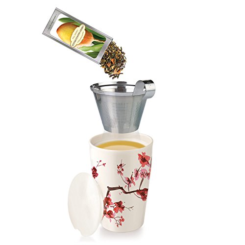 Tea Forté KATI Tazza da tè in ceramica con infusore e tappo, teiera per tè in foglie – – Fiori di ciliegio - 4