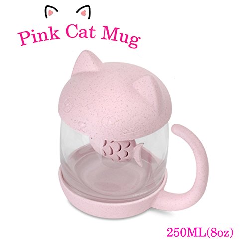 Tazza di tè alla tazza di vetro del gatto della bottiglia dell’acqua con il filtro dell’infusore del tè del pesce Filtro 250ML (8OZ) (Rosa) - 2