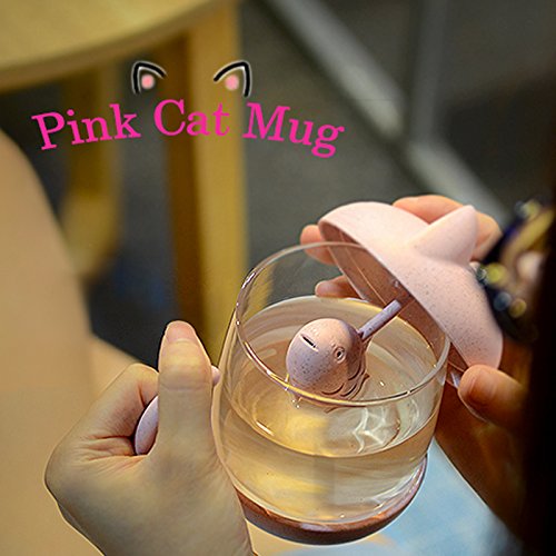 Tazza di tè alla tazza di vetro del gatto della bottiglia dell’acqua con il filtro dell’infusore del tè del pesce Filtro 250ML (8OZ) (Rosa) - 3