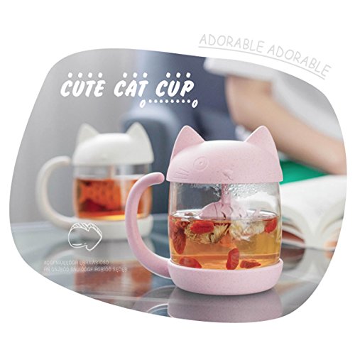 Tazza di tè alla tazza di vetro del gatto della bottiglia dell’acqua con il filtro dell’infusore del tè del pesce Filtro 250ML (8OZ) (Rosa) - 4