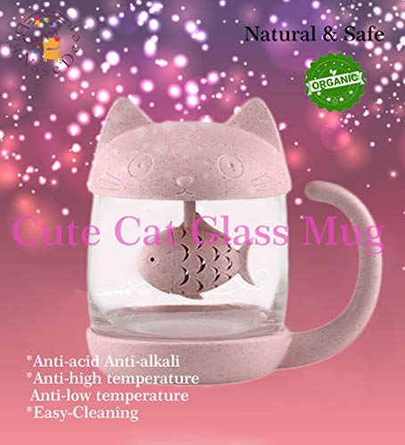 Tazza di tè alla tazza di vetro del gatto della bottiglia dell’acqua con il filtro dell’infusore del tè del pesce Filtro 250ML (8OZ) (Rosa) - 5
