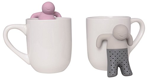Filtro infusore per tè sfusi e tisane. Set da 2 colini da tè in silicone a forma di omino, grigio e rosa. Idea regalo per coppie. - 2