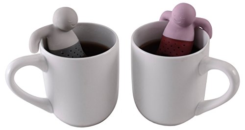 Filtro infusore per tè sfusi e tisane. Set da 2 colini da tè in silicone a forma di omino, grigio e rosa. Idea regalo per coppie. - 4