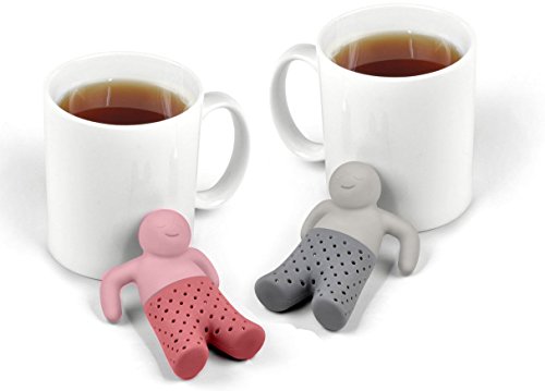 Filtro infusore per tè sfusi e tisane. Set da 2 colini da tè in silicone a forma di omino, grigio e rosa. Idea regalo per coppie. - 7