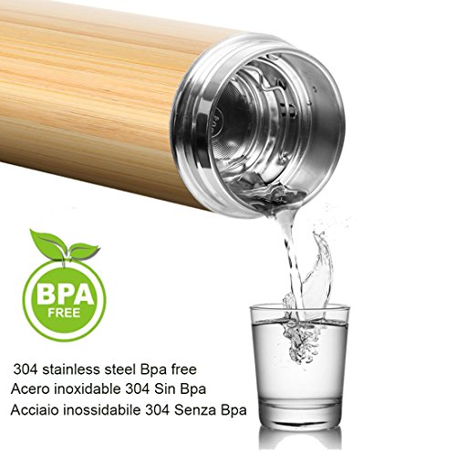 Bottiglia Tè Teiera Teiere Infusore Filtro Tazza Viaggio Termica Tè Caffè Thermos Bottiglia Acqua Infusione Pentola Macchina Tè Infusi Detox Senza Bpa Borraccia Acciaio Inox Inossidabile Bambú (0,36L) - 2
