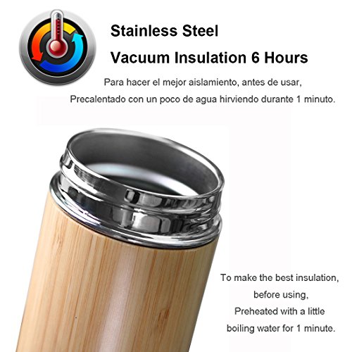Bottiglia Tè Teiera Teiere Infusore Filtro Tazza Viaggio Termica Tè Caffè Thermos Bottiglia Acqua Infusione Pentola Macchina Tè Infusi Detox Senza Bpa Borraccia Acciaio Inox Inossidabile Bambú (0,36L) - 4