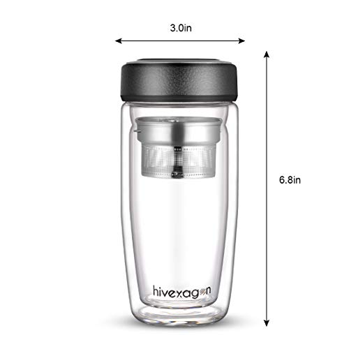 Hivexagon Bicchiere da tè da 360ml con Doppio Rivestimento, Bottiglia per infusione caffè con Filtro in Acciaio Inossidabile Perfetto per Bevande Fredde e Calde HG303 - 7
